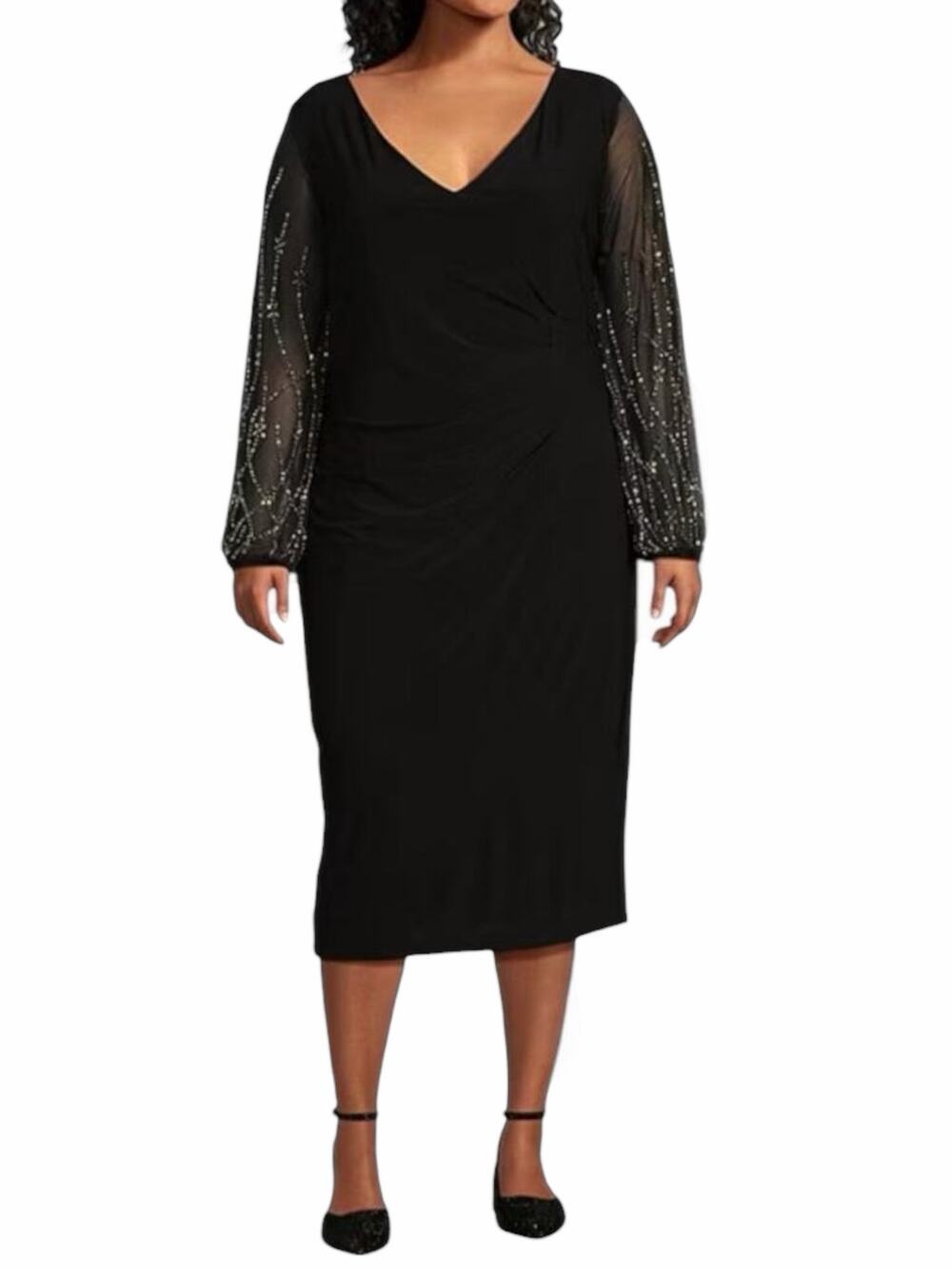 Marina Long Beaded Sleeve Side Ruched Cocktail Dress Black Size 1X